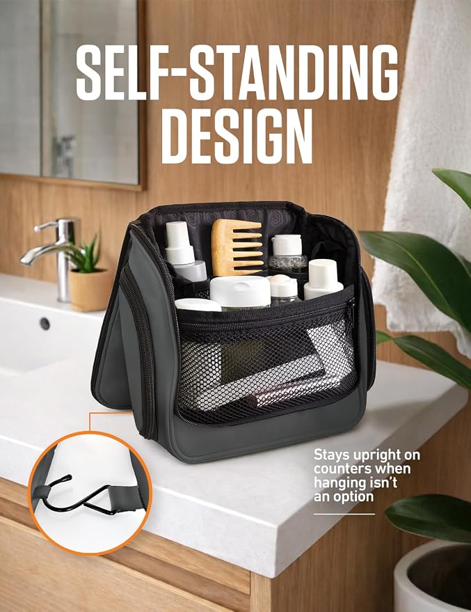 VENTURE 4TH Hanging Travel Toiletry Bag, 18 Compartments - Gray | Hangs on rails, hooks or doors; stands upright. Removable TSA pouch. Water-resistant Nylon 290D Twill, reinforced stitching. - Image 5