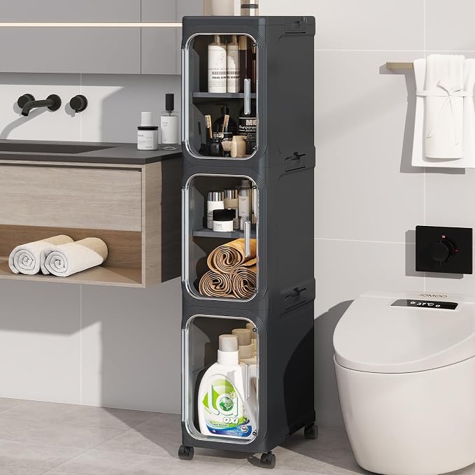 3 Tier Slim Bathroom Storage Cabinet, Foldable and Movable, Black | Tools Free, ABS and PET, Magnetic Clear Door, Adjustable Shelves, Lockable Wheels, Water Resistant, For Narrow Space by Neathub