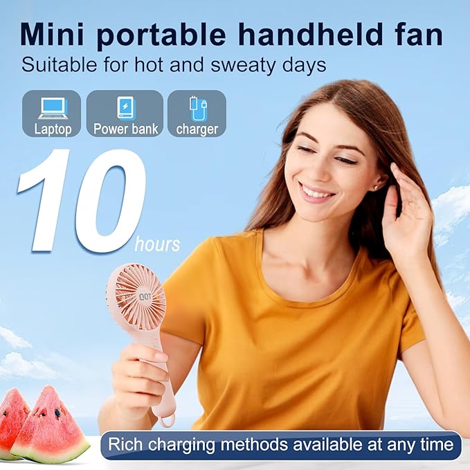 QQT Mini Handheld Fan, Small Personal Cooler with 3 Speeds, Portable Battery Operated, USB Rechargeable Makeup Eyelash Dryer, Strong Airflow for Travel, Office, Outdoor, Women, Men, and Kids (Pink) - Image 5