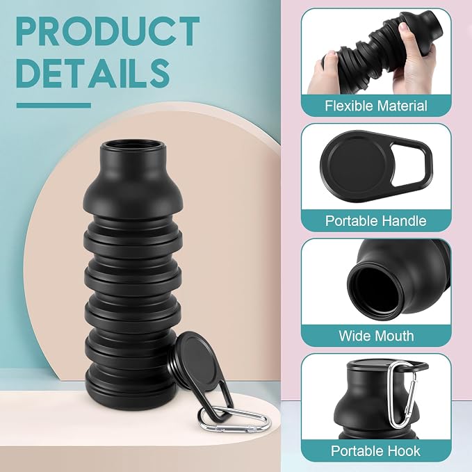 LemonRoad 2 Pcs 20 oz Portable Collapsible Water Bottles Reusable Silicone Foldable Water Bottle Lightweight Leakproof Expandable for Gym Traveling Camping Hiking Sports (Black,Navy Blue) - Image 3