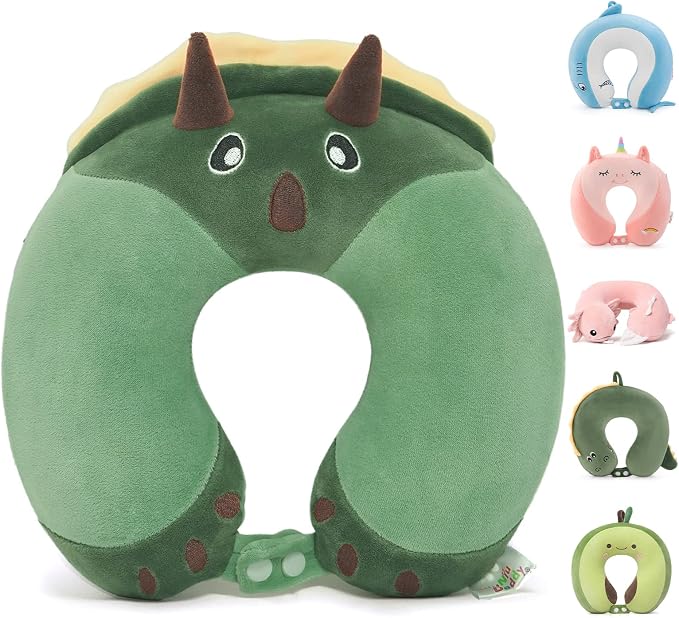 Kids Travel Neck Pillow for Ages 3-8 with Memory Foam, Dinosaur | Removable cover, 13 in neck size, machine washable, hidden zipper, head and chin support, car seat and airplane use by NiuniuDaddy