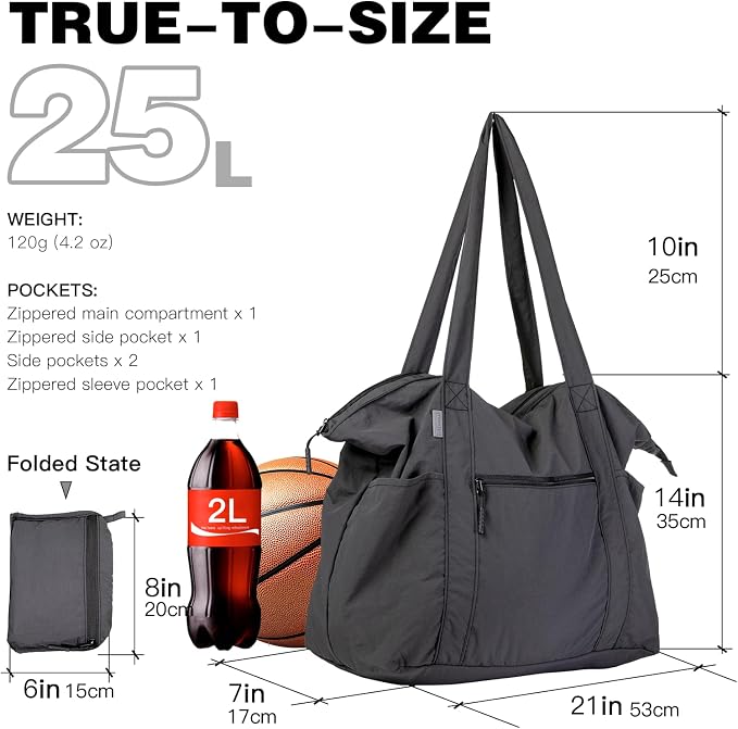 Ultra Light Packable Tote Bag Nylon for Travel, Lightweight Polyester Foldable Duffel Totes with Zipper, 25L Collapsible Compact Dark Grey - Image 4