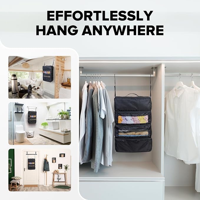 Vokelater Suitcase Organizer - Travel Luggage Organizer with Hanging Shelves & Packing Cubes - Collapsible, Portable, Carry-on, Medium, Black - Image 4