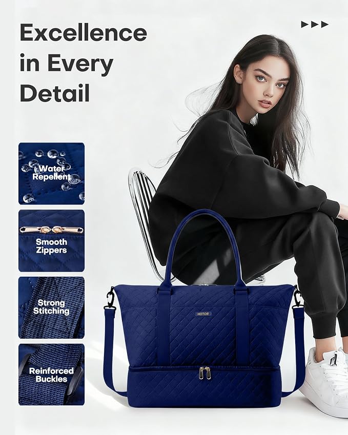HOTOR Travel Duffel Bag - Weekender Bags for Women, Carry On Gym Tote Bags | with Toiletry Bag & Shoe Compartment, Overnight Bag for Travel Essentials, Travel Accessories, Dark Blue, 13.4"×17.3"×7.9" - Image 7