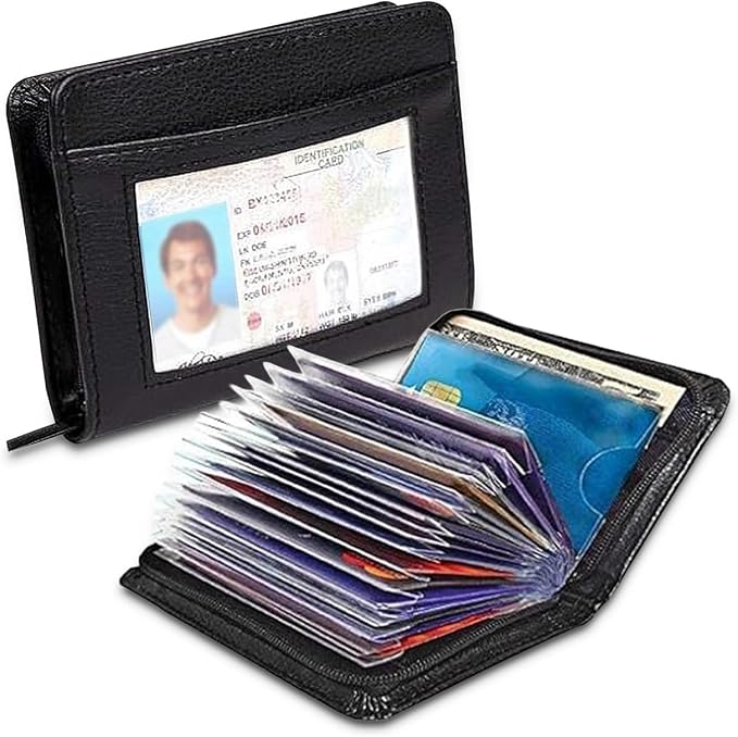 Men's Zipper Wallet 36 Slots RFID Blocking Card Holder | Slim Leather Wallet, ID Window, Anti-Theft Lock, Credit Card Organizer for Women & Men, Travel Small Wallet - Image 2
