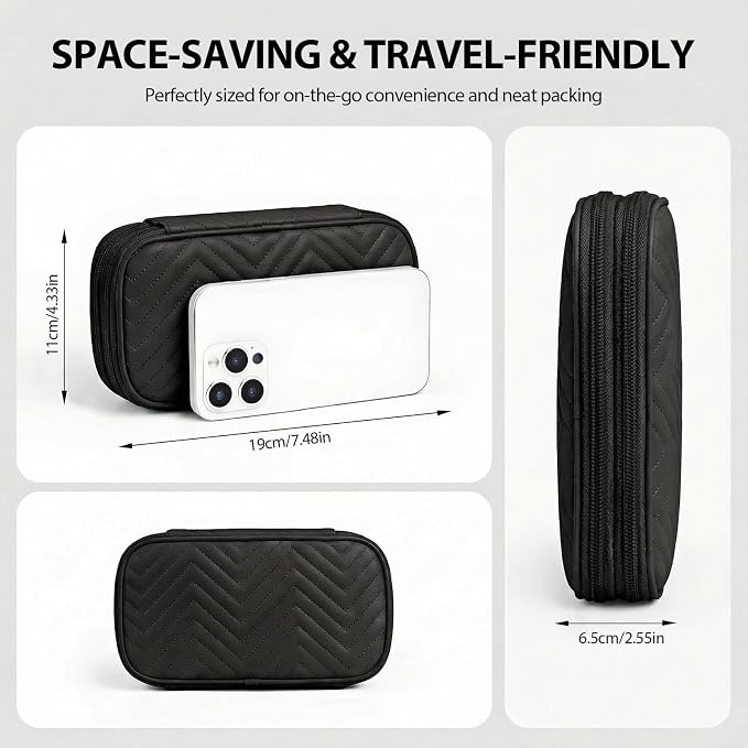 Double Layer PU Leather Electronics Organizer Bag, Midnight Black | Water-resistant pouch with 8 anti-tangle compartments, padded lining and cable ties to protect chargers and 3ft+ cords. - Image 3