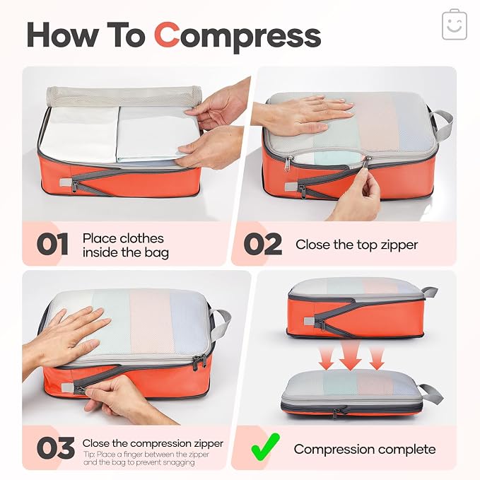 Veken 9/11 Set Compression Packing Cubes Garment Bags for Travel Essentials,Compressible Expandable Luggage Organizer Bags for Clothing,Space Saver Bags with Over 1000 pcs of Mesh Holes(Orange) - Image 3