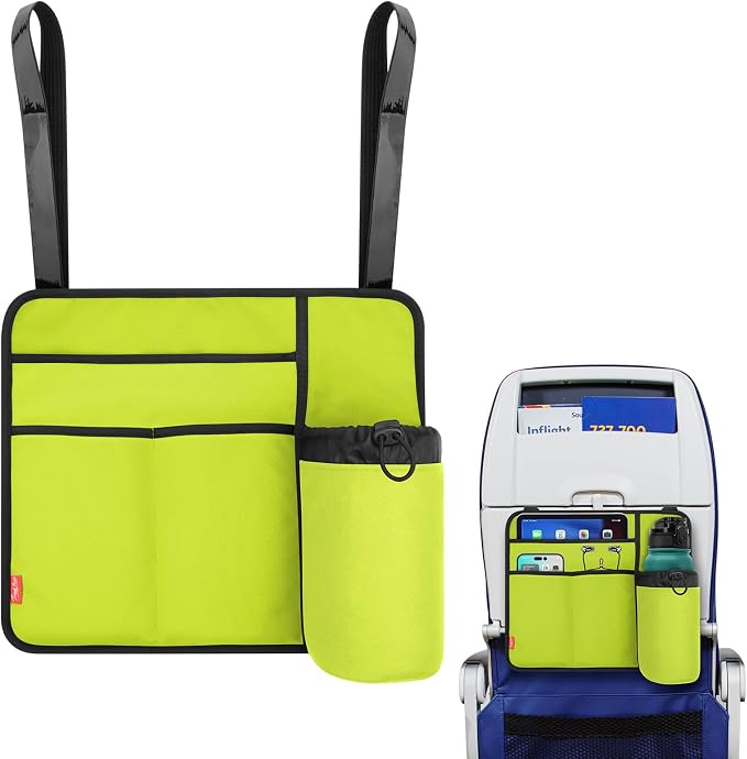 Airplane Seat Back Organizer & Storage, Airplane Tray Table Cover for Personal Items, Airline Seat Hanging Pockets Media Pouch,Reusable Travel Essentials,Fits Tablets,Cell Phone,Water Bottle (Green) by Homakover