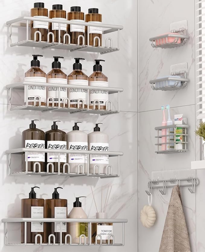 8 Pack Adhesive Rustproof Shower Caddy with Soap Dishes, Toothbrush Holder & Hooks, Large Capacity No-Drilling Shower Shelves Rack for Bathroom Organizers and Storage Accessories, Light Gray by Unknown