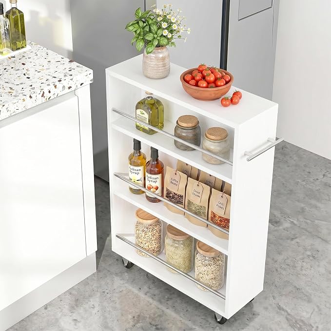 ALBAD Slim Rolling Cart,4-Tier Storage Cart with Wheels,7.9”W Slim Storage Cart with Handle for Kitchen Laundry Narrow Places Bathroom Dining Room Small Spaces | 4 adjustable MDF shelves (20 lbs each), 360° casters + side handle, Fits kitchen, laundry,... - Image 2