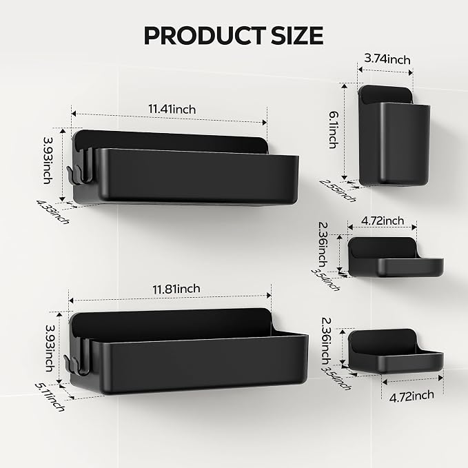 Nieifi Adhesive Shower Shelves, Black, 5 Pieces | Rustproof ABS, Large Capacity, Removable Design, Easy-Clean, No Drilling Shower Organizer for Bathroom Storage & Home Decor - Image 2