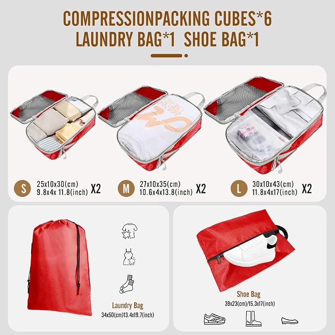 8 Set Compression Packing Cubes for Travel, Expandable Luggage Organizer with Shoe Bag & Laundry Bag - Lightweight Suitcase & Backpack Travel Essentials (Red) - Image 2