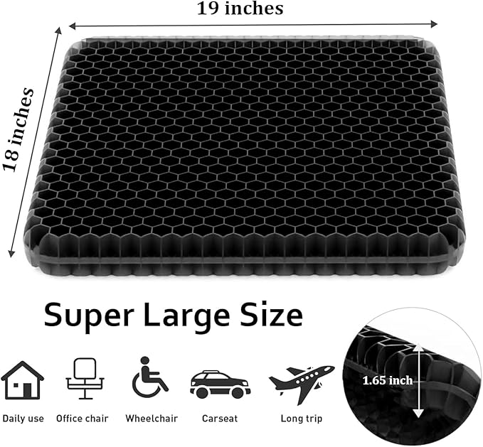 Gel Seat Cushion, Super Large Gel Cushion Chair Pads with Non-Slip Cover for Home Office Car Seat Wheelchair, Soft Breathable Honeycomb Seat Cushion for Relieve Hip Pain, As Seen On TV (Black) - Image 4