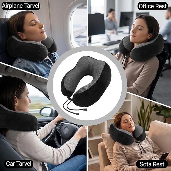 Travel Neck Pillow, 100% Memory Foam, U-Shaped with Storage Box, Black | 100% memory foam with 360-degree support & adjustable buckle. Compact storage box. Machine washable cover. Fits all necks. - Image 4