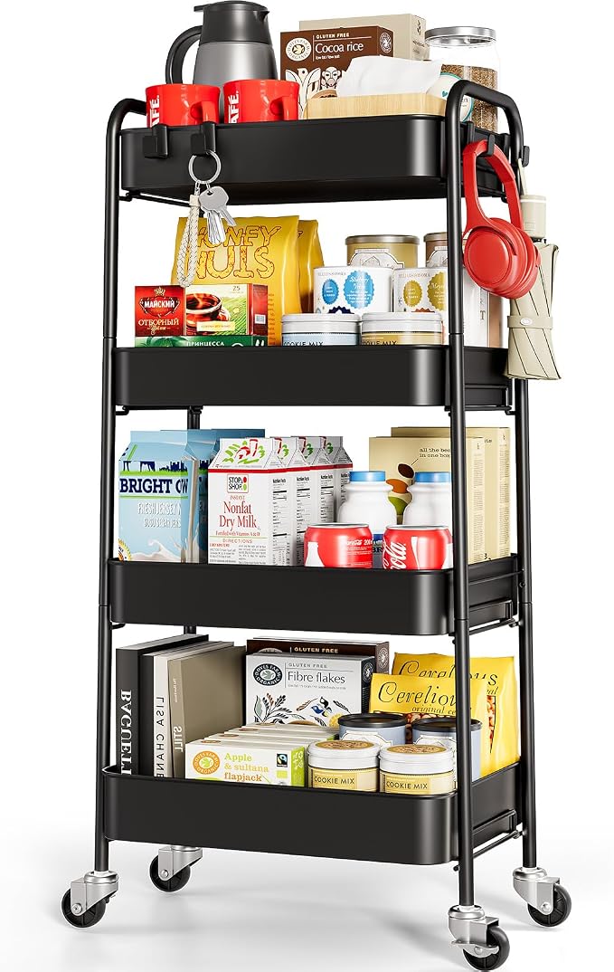 TOOLF 4 Tier Metal Rolling Cart, Utility Storage Cart with Wheels, Black | Screwless Assembly, Lockable Metal Wheels, Trolley Organizer for Bathroom, Kitchen, Office, Dorm, Laundry, Craft Room by TOOLF
