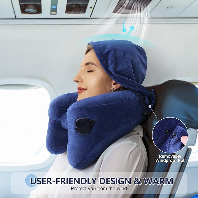 Sunany Travel Neck Pillow for Airplane Pillow Comfortably Supports Head, Neck and Chin, Inflatable Travel Pillow with Soft Velour Cover and Portable Drawstring Bag (Dark Blue, H-Shape) - Image 3