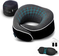 Airplane Pillow, Orthopedic Memory Foam Travel Neck Pillow, Black | 360 Head Support Sleep Set with 3D Contoured Eye Masks, Earplugs and Luxury Mesh Bag, Car and Long Flight Essentials by ProGlobe