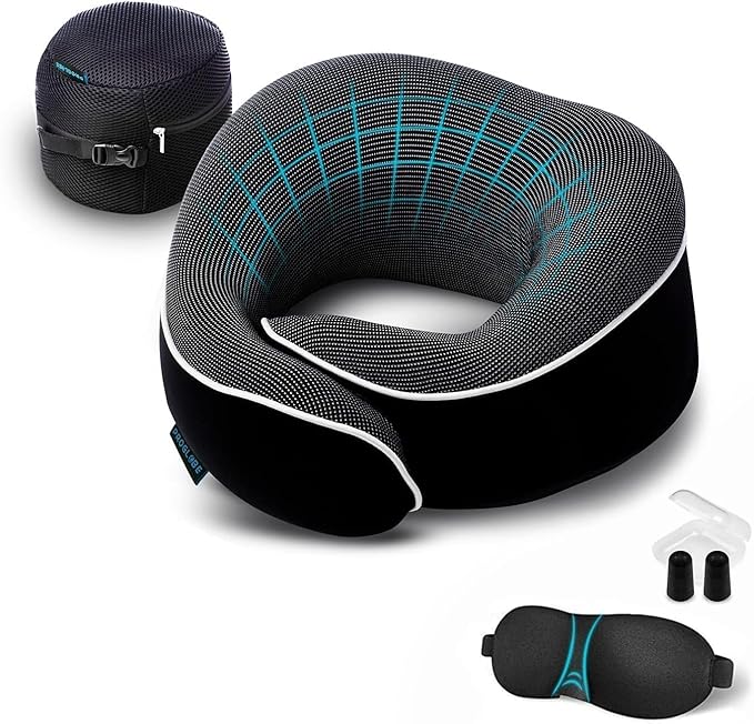 Airplane Pillow, Orthopedic Memory Foam Travel Neck Pillow, Black | 360 Head Support Sleep Set with 3D Contoured Eye Masks, Earplugs and Luxury Mesh Bag, Car and Long Flight Essentials by ProGlobe
