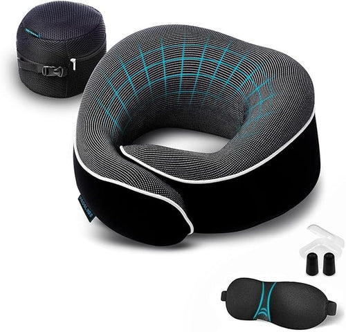 Airplane Pillow, Orthopedic Memory Foam Travel Neck Pillow, Black | 360 Head Support Sleep Set with 3D Contoured Eye Masks, Earplugs and Luxury Mesh Bag, Car and Long Flight Essentials by ProGlobe