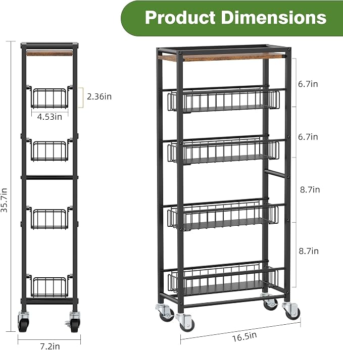 5-Tier Slim Rolling Cart Kitchen Utility Cart, Narrow Kitchen Cabinet with 4 Pull-Out Baskets - Versatile Rolling Storage Cart for Spices, Pantry & Bathroom Organization - Image 2