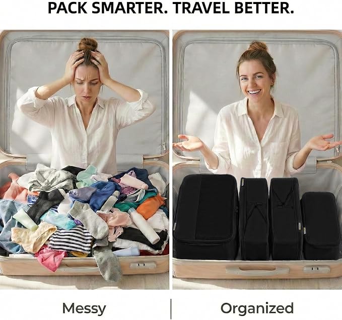 4 Piece Compression Packing Cubes for 3–7 Day Travel, Space Saving Travel Organizers with Breathable Mesh, Double-Zipper Packing Cubes for Carry-On & Suitcases (Black) - Image 4