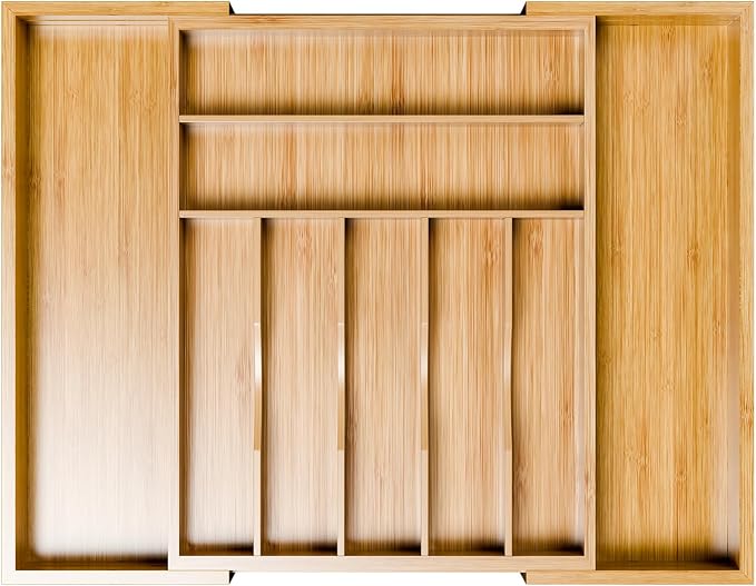 Simple Trending Expandable Bamboo Kitchen Drawer Organizer, Natural | Adjustable Silverware Organizer with 9 Compartments, Practical Utensil Cutlery Tray for Flatware, Flexible Storage by SimpleTrending