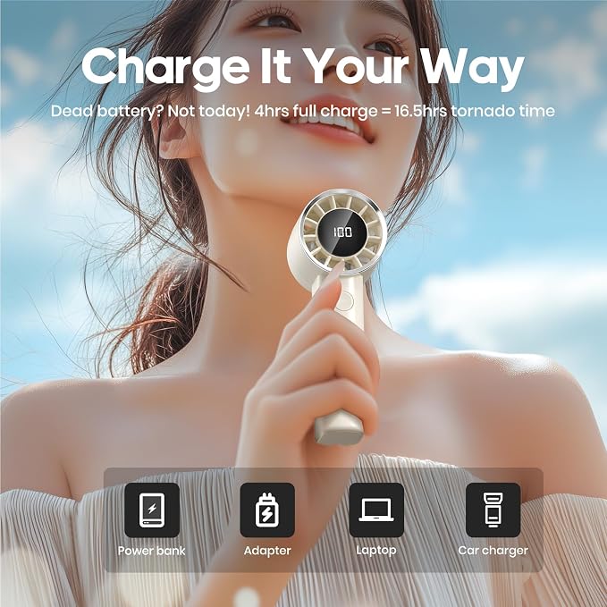 Portable Handheld Fan, 100 Speeds Adjustable Mini Personal fan, 3000mAh USB-C Rechargeable Battery Operated, Digital Display, Cooling Fan for Travel, Gym, Office, Outdoor Use - Beige - Image 5