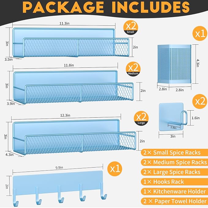 Magnetic Spice Rack for Refrigerator, 10 Pack Metal Magnetic Shelf, Moveable Spice Organizer with Hook Rack, Paper Towel Holder, Kitchenware Holder, Strong Magnetic Storage Fridge Organizer Blue - Image 2
