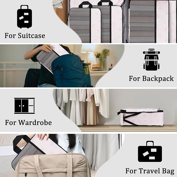 U+U 6 Set Compression Packing Cubes, Travel Organizers (Pink Bow) | Space-Saving & Drawstring Bag Included - Image 7