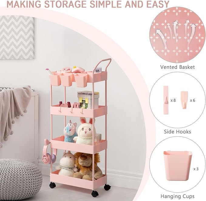 Danpinera 4-Tier Pink Slim Storage Cart, Narrow Laundry Cart with Wheels, Dividers, Hanging Cups, Hooks, Easy Assembly - Image 3