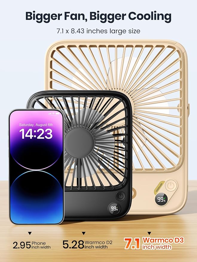Warmco D3 Portable Travel Fan 10000mAh, Ultra-Slim, 24H Runtime | Quiet 7-Inch Rechargeable Desk Fan, Digital Display For Sleeping, Office, Bedroom & Cruise - Image 8
