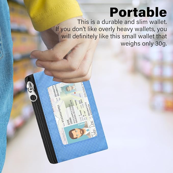 Minimalist RFID Blocking Wallet with 2 Zip Pockets and Lanyard, Water Resistant ID Case with Key Ring and Cards Badge Holder, Coin Purse Pouch for Men and Women Travel Sports -LT BU - Image 6