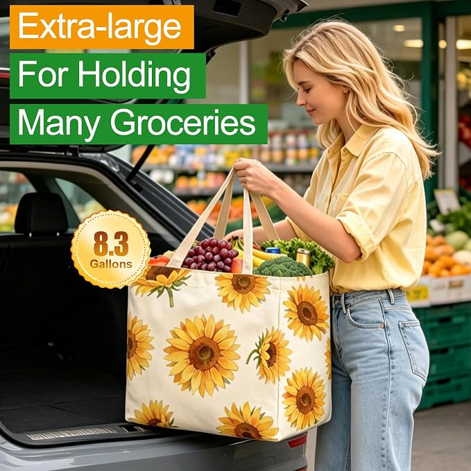 Aesthetic Canvas Reusable Grocery Bags Heavy Duty, 8.3 gal Foldable Large Tote Bag with Handles, Holds 60 lbs & Washable Eco-friendly Bags with 5 Pockets, Beige with a print 1 Bags - Image 4