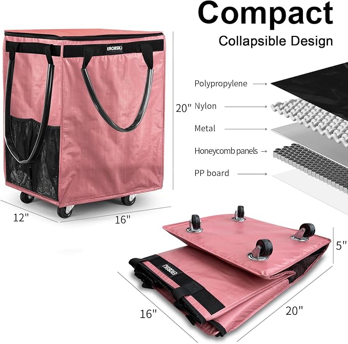 (Medium,Pink) Reusable Grocery Bag on Wheels, 70L Foldable Rolling Tote,Extra Storage for Shopping, Zipper Clouser Shopping Carts for Groceries,Trips, Laundry, Moving,4 Heavy Duty Wheels | 70L Extra Storage for Shopping, Zipper Clouser Shopping Carts f... - Image 6