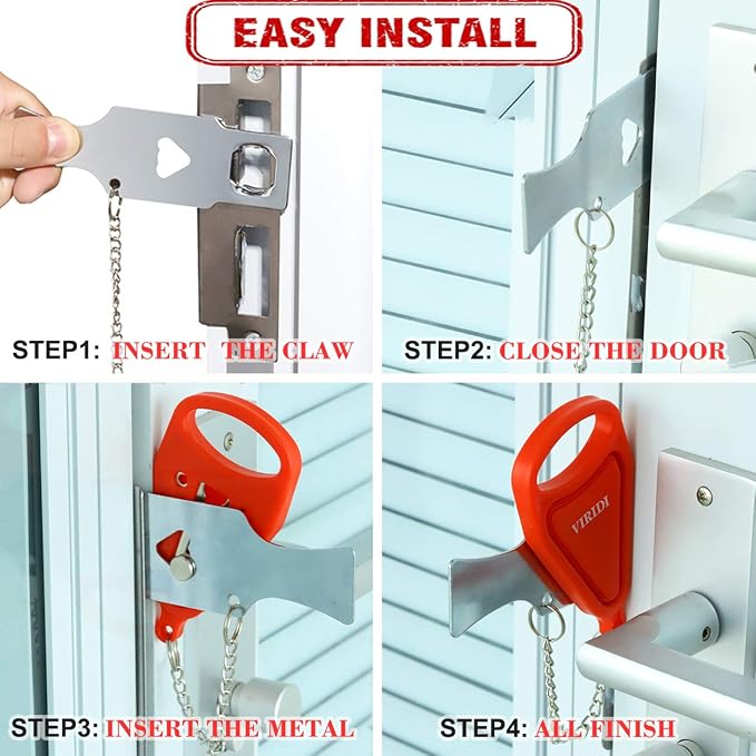 Hotel Door Lock, Portable for Travel Airbnb Apartment, No-Drill Security | Stainless Steel, 4.2oz, No-Tool Install, Inward Door, Rustproof, Compact, for Hotel, Dorm, Rental - Image 4