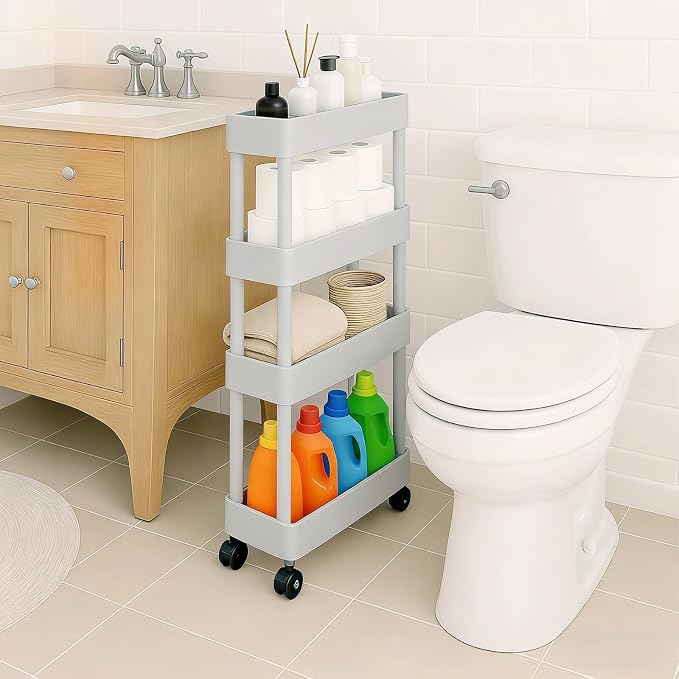 ShellKingdom 4 Tier Bathroom Storage Organizer, Slim Rolling Storage Cart for Narrow Space, Mobile Shelving Unit with Lockable Wheels and Hooks for Bathroom, Kitchen, Laundry Movable Shelf (Grey) by ShellKingdom