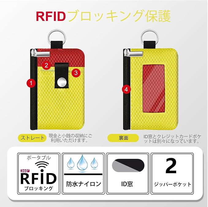 Minimalist RFID Blocking Small Wallet with ID Window,WaterResistant Zip Id Case Wallet with Lanyard Keychain for Cards,Cash,Travel,Women,Men (Lemon Yellow/Red) - Image 2
