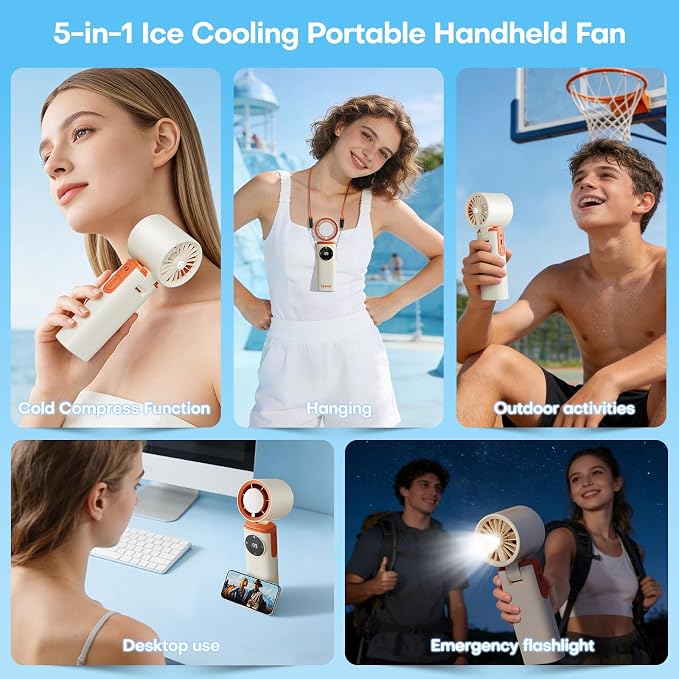 6000mAh Portable Handheld Fan with Ice Cooling, 199 Levels Stepless Speed, 20H Long Battery Life, 20000RPM Turbo Fan Rechargeable Personal Mini Fan for Travel, Outdoor, Makeup - Image 6