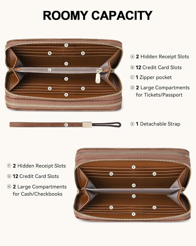 BOSTANTEN Wristlet Wallets for Women RFID Large Capacity Clutch Wallet | 24 Card Slots, 2 Zipper Pockets, Phone ＆ Card Holder, Zip Around, Hand Strap, Vegan Leather, Great Gifts - Image 7