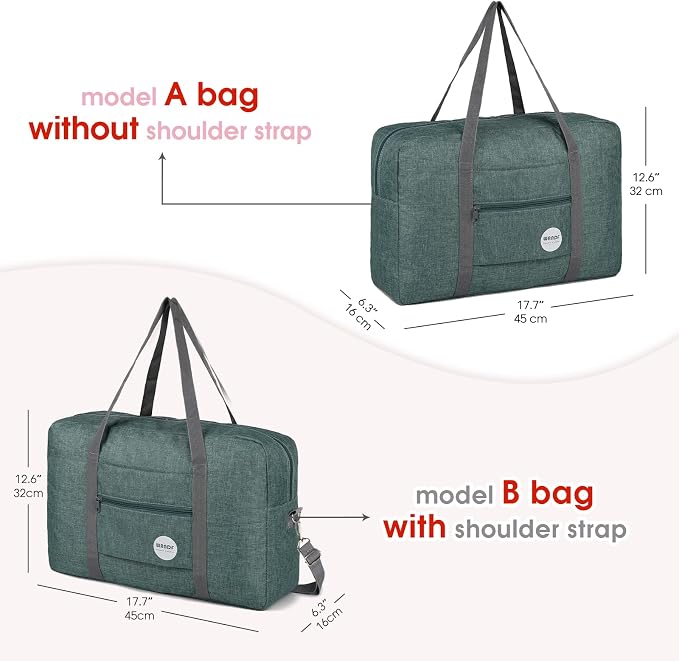 WANDF Foldable Travel Duffel Bag Luggage Sports Gym Water Resistant Nylon (E-Denim Green with Strap) | 18x14x8 inches, Airline Underseat Aprroved, Weekend Overnight Trips, Lightweight Packable - Image 3