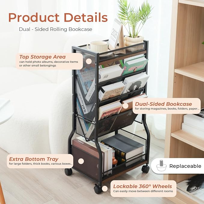 8-Tier Rolling Book Cart with Lockable Wheels, Double-Sided Storage Bookshelf for Narrow Spaces, Mobile Organizer Cart for Office, Library and Home - Image 3