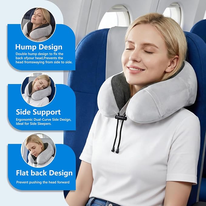 Purroch Travel Neck Pillow, Memory Foam Ergonomic U-Shape Neck Pillow with Chin Support, Head & Neck Support Travel Pillow for Plane, Car & Train, Gray - Image 4
