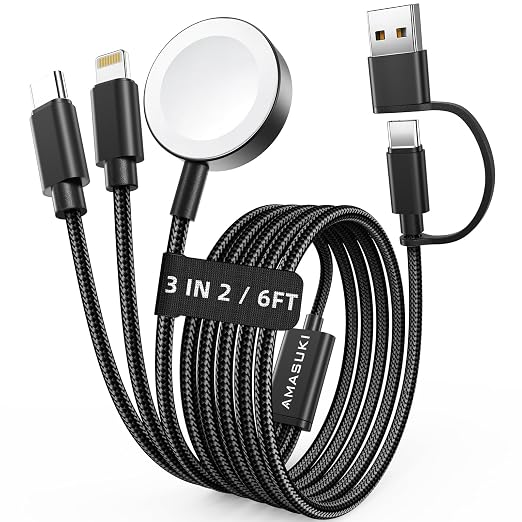 Travel Essentials,3 in 2 USB C Cable for Apple Watch Charger,iPhone Charger,Multi Charging Cable,Cruise Vacation Camping Portable for iWatch Series 11-2/Ultra/SE & iPhone 17-12,Car,Black-6FT by ChargeBeyondPowerWithin
