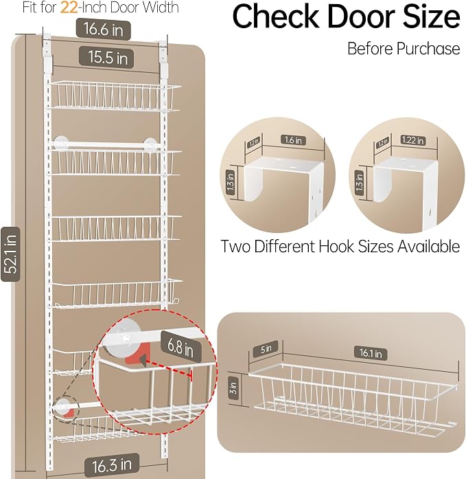 Delamu Adjustable Cabinet Door Organizer, 6-Tier Hanging Spice Rack Organizer, Metal Over the Door Pantry Organizer, Pantry Organizers and Storage Shelves for Kitchen Bathroom Laundry Room, White M - Image 7