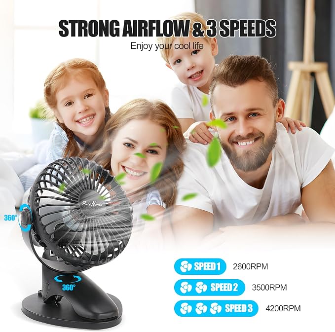 Portable Clip Fan Battery Operated,3 Speeds USB Rechargeable Mini Table Fan with Strong Airflow,360°Rotation Ultra Quiet Personal Desk Fan for Home Office Bedroom Dorm Stroller Camping(Black) - Image 2