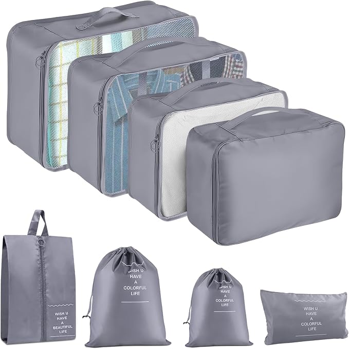 Packing Cubes for Travel- 8 Set Luggage Organizer Bags for Family, Mesh Breathable Travel Packing Cubes for Suitcases Durable Travel Essentials Bags Set (Grey, 8 Set) by YEEYAA