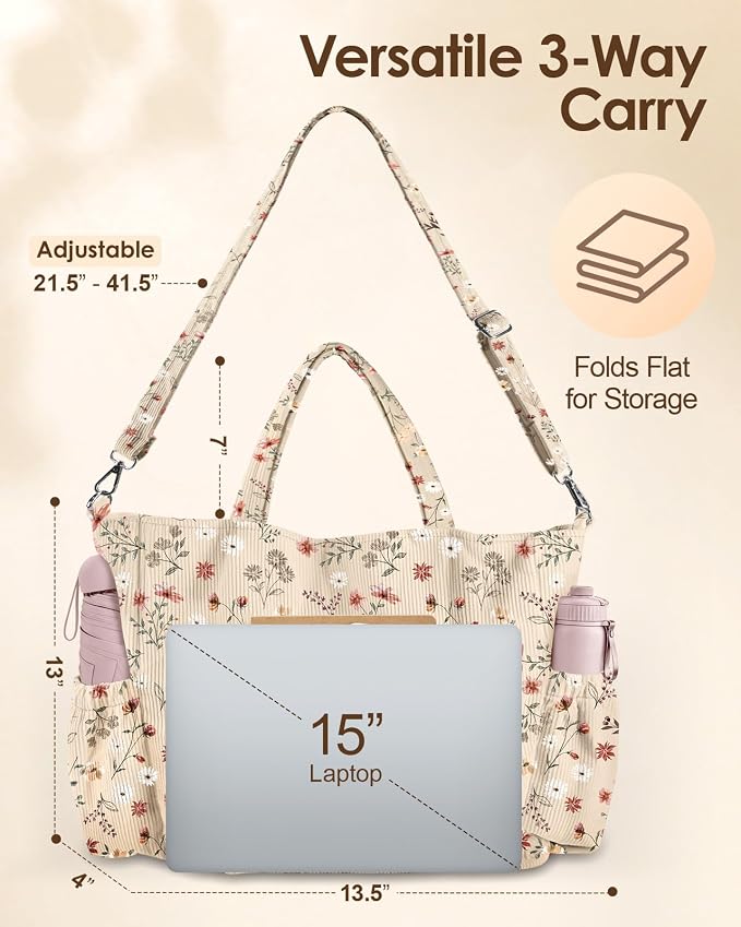 Miss Adola Corduroy Crossbody Tote Bag for Women | Multi Pocket Storage, Zipper Closure, Adjustable Strap, Fits 14 Inch Laptop, Foldable Reusable, for Work Travel Everyday - Image 6