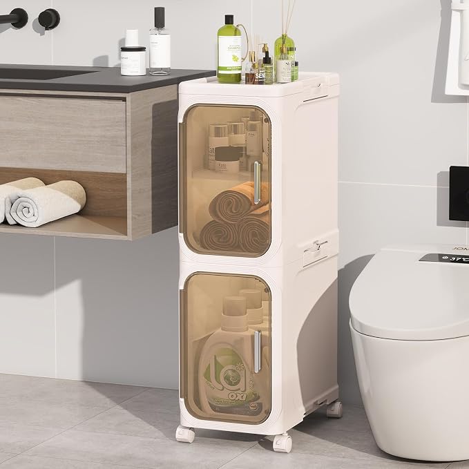 2 Tier Slim Bathroom Storage Cabinet, Foldable and Movable, Beige | Tools Free, ABS and PET, Magnetic Clear Door, Adjustable Shelves, Lockable Wheels, Water Resistant, For Narrow Space by Neathub