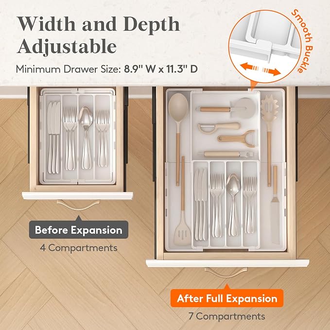 Lifewit Expandable Silverware Drawer Organizer, Utensil Tray for Kitchen | BPA Free Flatware and Cutlery Holder, Adjustable Plastic Storage for Spoons Forks Knives, 8.9-14.2 x 11.3-19.4 x 1.7", White - Image 6