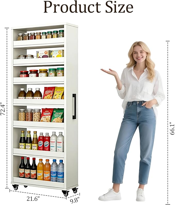 Rolling Spice Rack Next To Side Of Fridge Storage Slim Narrow Shelf Lightweight 7 Tier Wooden Storage Cart For Kitchen , Dining Room, Bathroom, Small Spaces (White, 72.4"H x 9.8"W x 21.6"D) - Image 2